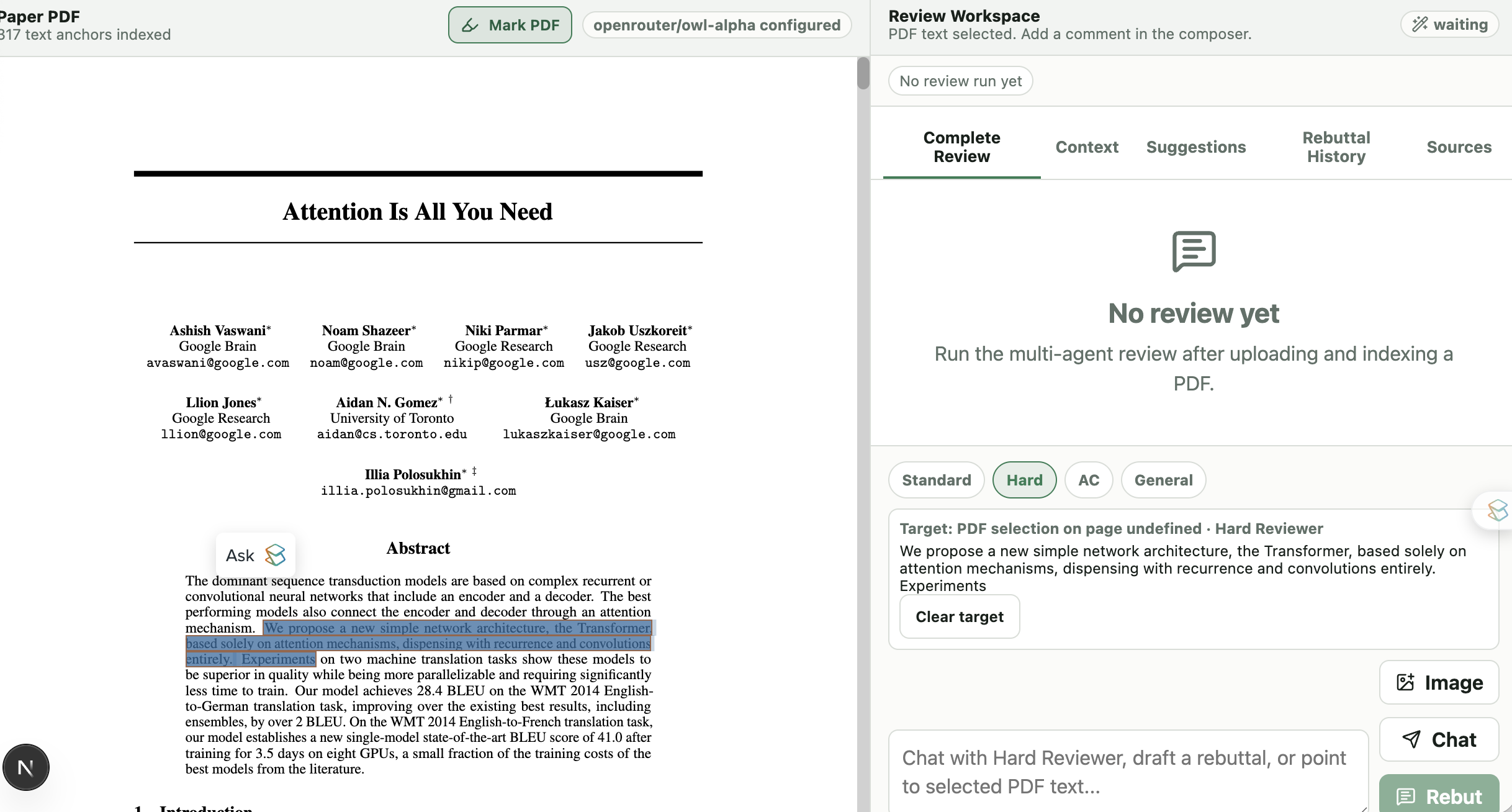 Highlighted manuscript sentence used as rebuttal context